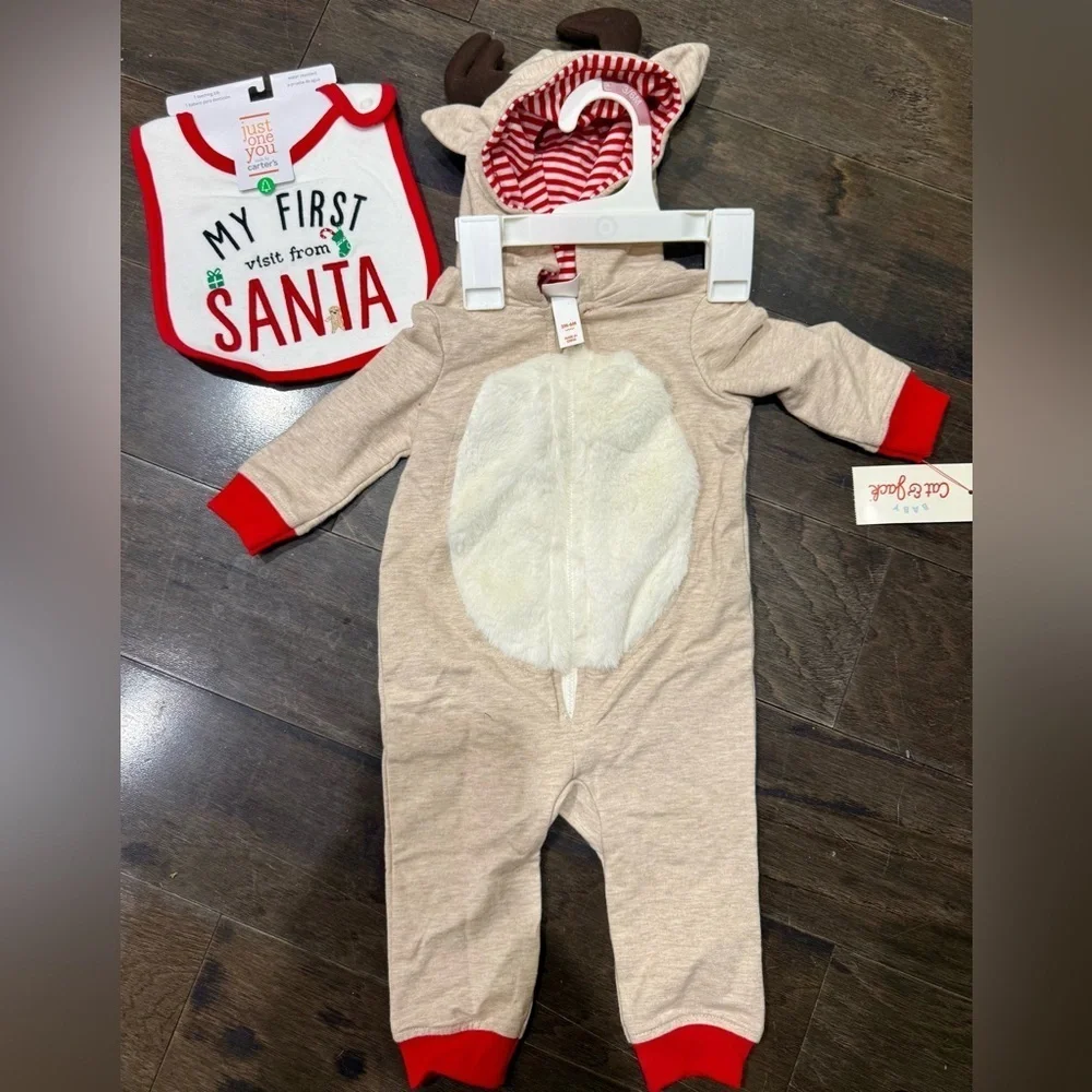 Baby 3/6M Cat & Jack Reindeer Outfit & NWT First Visit from Santa Bib